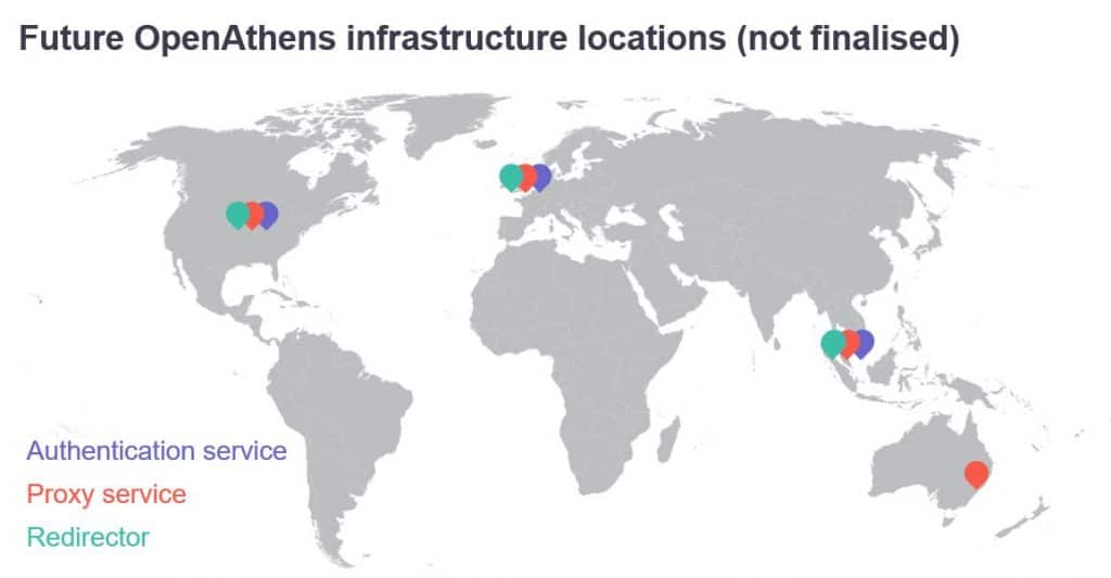 Future OpenAthens infrastructure locations (not finalized). Authentication service in Europe, South East Asia and United States. Proxy service in Australia, South East Asia, United States and Europe. Redirector services in United states, Europe and South East Asia. 