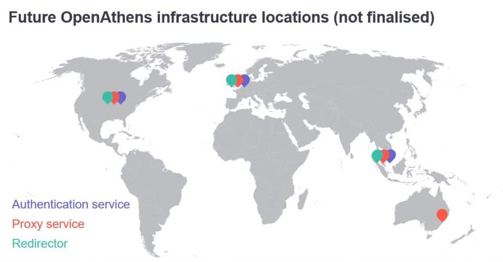 Future OpenAthens infrastructure locations (not finalized). Authentication service in Europe, South East Asia and United States. Proxy service in Australia, South East Asia, United States and Europe. Redirector services in United states, Europe and South East Asia.