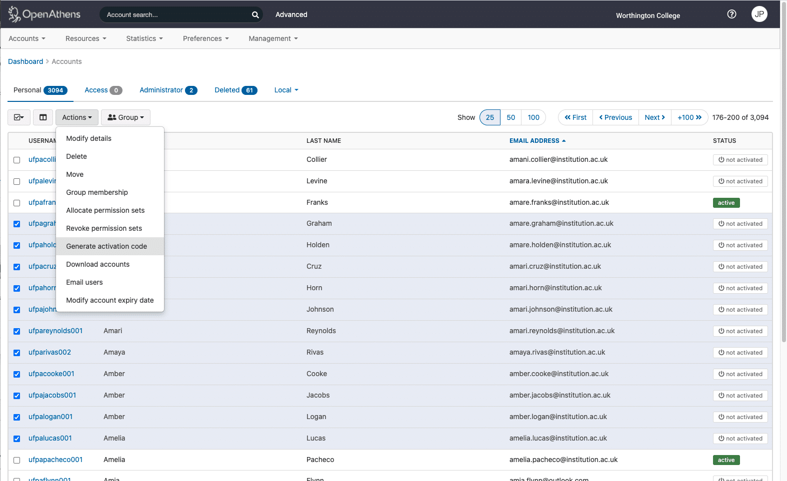 Screenshot of account management in OpenAthens