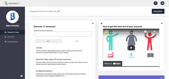 Screen grab of the MyAthens setup and dashboard