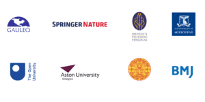 Collection of customer logos: GALILEO, Springer Nature, Universiti Teknologi Petronas, University of Melbourne, The Open University, Aston University, Thammasat, Universiti Sains Malaysia, BMJ