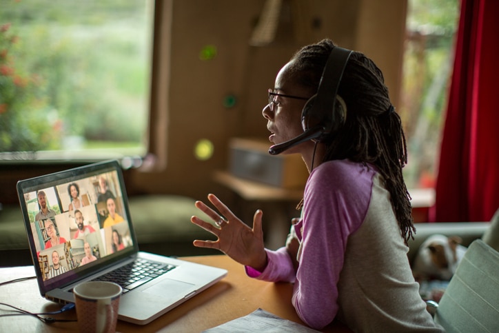 Webinar. Afro-caribbean woman working from home during the Covid lockdown
