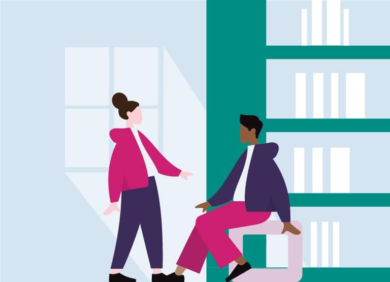 Image shows a graphic of 2 people in a library.